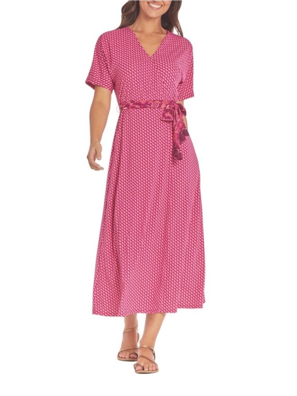 CABANA LIFE Tassel Midi Dress Pink Paisley Stretch Jersey Sundress Small